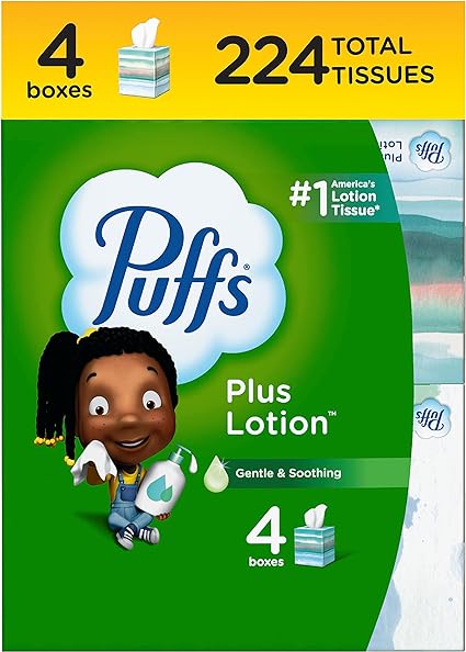 Puffs Plus Lotion Facial Tissue, 4 Cube Boxes, 56 Tissues Per Box