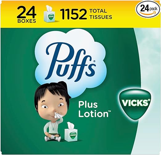 Puffs Plus Lotion with Vicks Facial Tissues, 24 Cubes, 48 Tissues per Box