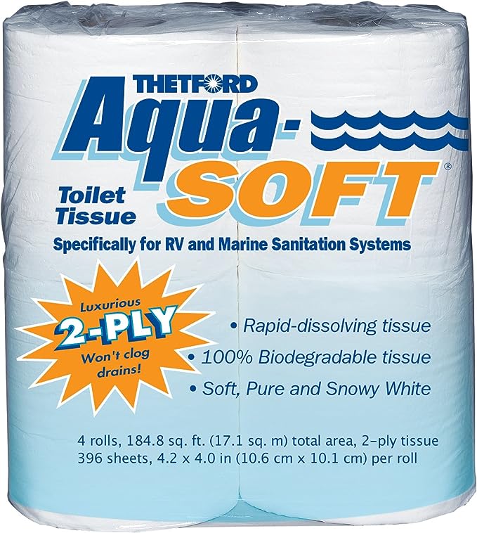 Thetford Aqua-Soft Toilet Tissue - Toilet Paper for RV and marine - 2-ply - Thetford 03300 (Pack of 4 rolls) , White