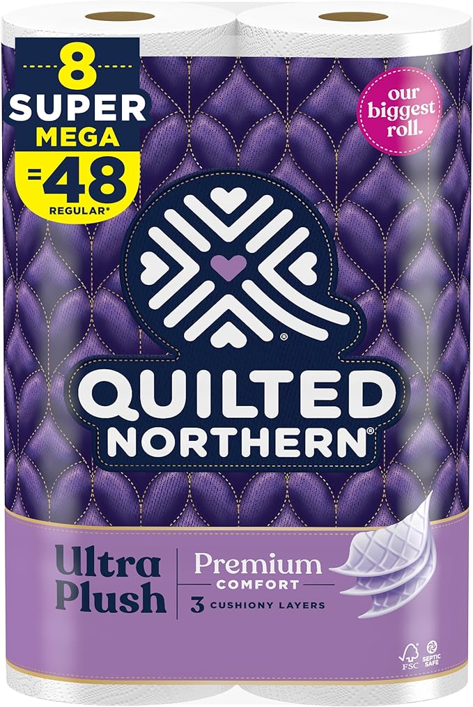 QUILTED NORTHERN ULTRA PLUSH TOILET PAPER, 8 SUPER MEGA ROLLS = 48 REGULAR ROLLS, 3X MORE ABSORBENT*, LUXURIOUSLY SOFT TOILET TISSUE, SEPTIC-SAFE