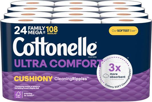 Cottonelle Ultra Comfort Toilet Paper with Cushiony CleaningRipples Texture, 24 Family Mega Rolls (24 Family Mega Rolls = 108 Regular Rolls) (4 Packs of 6), 296 Sheets per Roll, Packaging May Vary