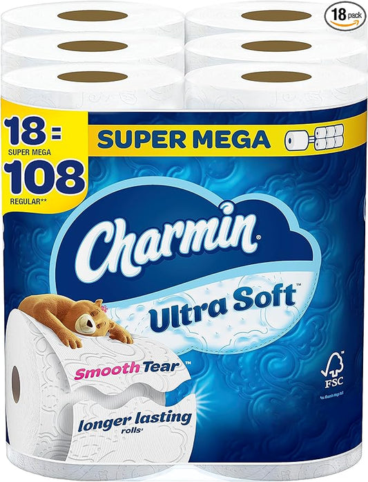 Charmin Ultra Soft Toilet Paper 18 Super Mega Rolls = 108 Regular Rolls