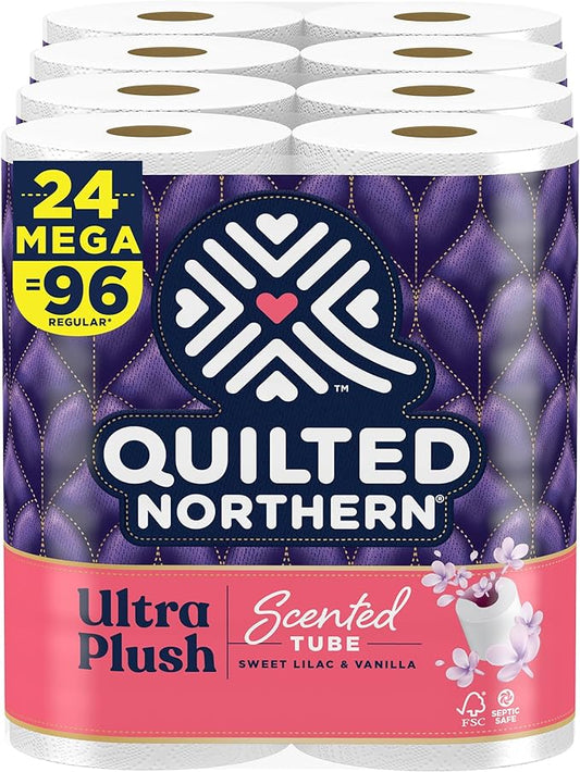 Quilted Northern Ultra Plush Toilet Paper with Sweet Lilac & Vanilla Scented Tube, 24 Mega Rolls = 96 Regular Rolls (Packaging May Vary) White