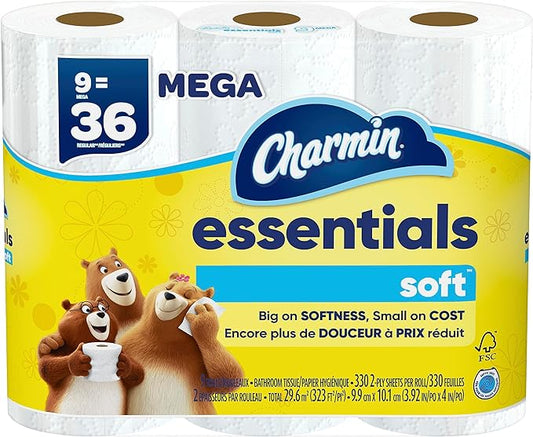 Charmin Essentials Soft Toilet Paper, 9 Mega Rolls = 36 Regular Rolls