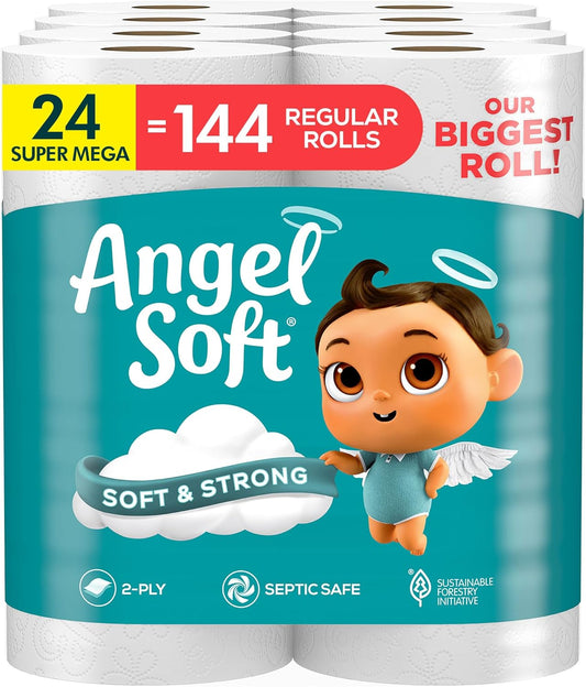 Angel Soft Toilet Paper, 24 Super Mega Rolls = 144 Regular Rolls, Soft and Strong Toilet Tissue