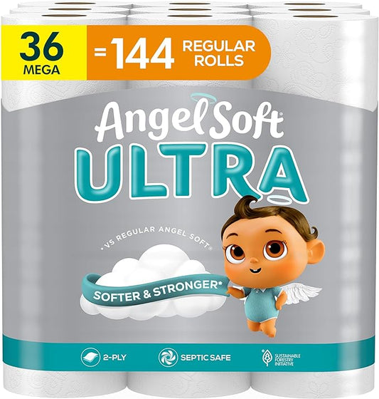 Angel Soft Ultra Toilet Paper, 36 Mega Rolls, Ultra Soft and Strong Toilet Tissue