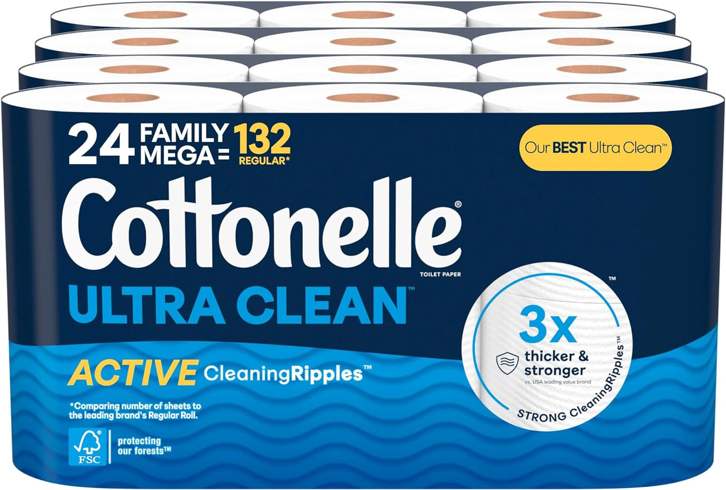 Cottonelle Ultra Clean Toilet Paper with Active CleaningRipples Texture, 24 Family Mega Rolls (24 Family Mega Rolls = 132 Regular Rolls) (4 Packs of 6), 353 Sheets Per Roll, Packaging May Vary