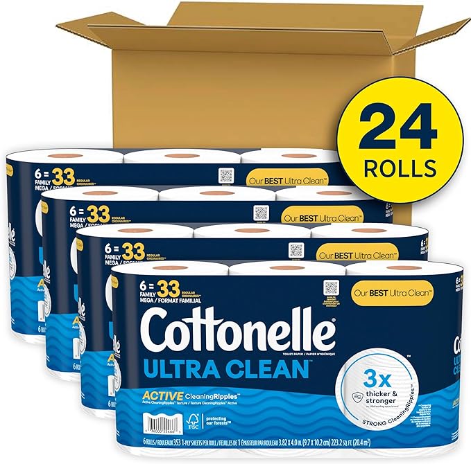 Cottonelle Ultra Clean Toilet Paper with Active CleaningRipples Texture, 24 Family Mega Rolls (24 Family Mega Rolls = 132 Regular Rolls) (4 Packs of 6), 353 Sheets Per Roll, Packaging May Vary