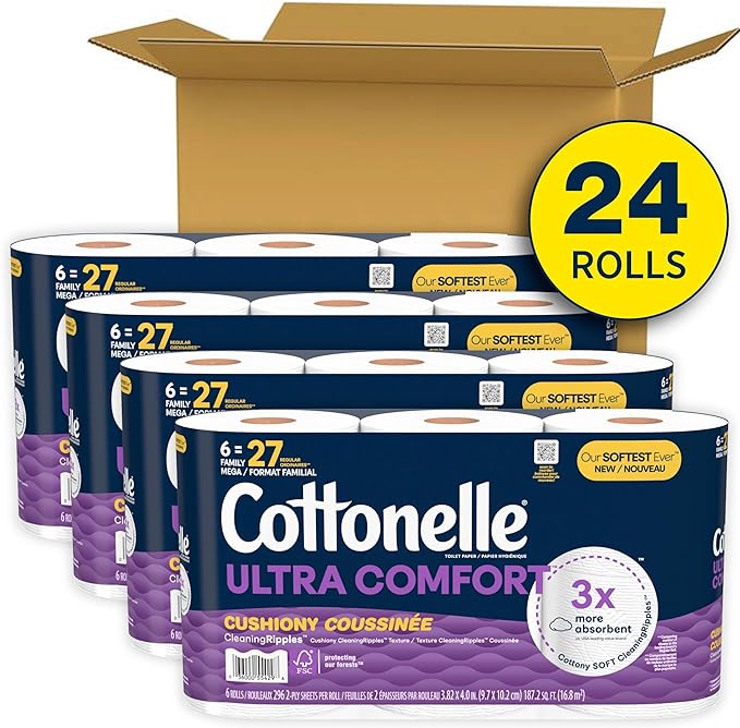 Cottonelle Ultra Comfort Toilet Paper with Cushiony CleaningRipples Texture, 24 Family Mega Rolls (24 Family Mega Rolls = 108 Regular Rolls) (4 Packs of 6), 296 Sheets per Roll, Packaging May Vary