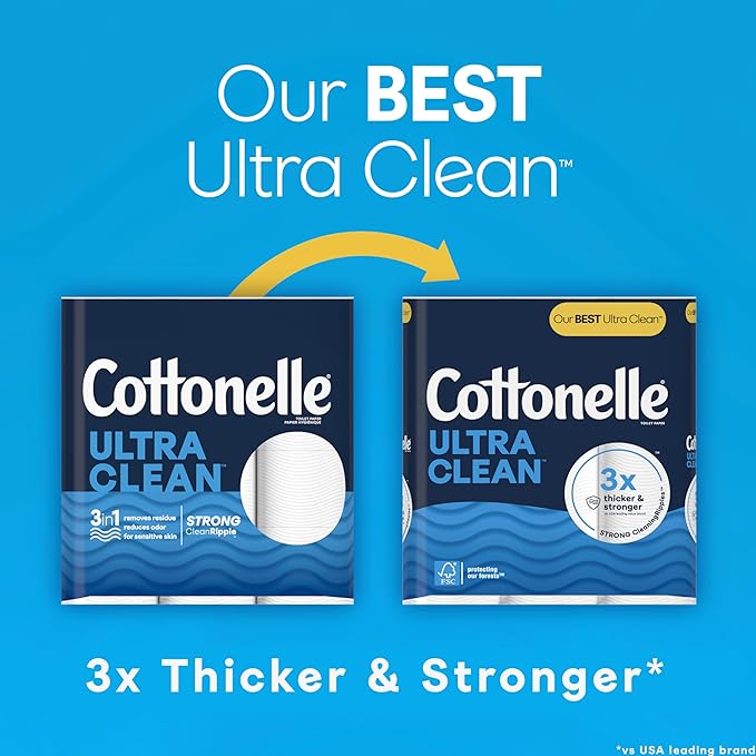 Cottonelle Ultra Clean Toilet Paper with Active CleaningRipples Texture, 24 Family Mega Rolls (24 Family Mega Rolls = 132 Regular Rolls) (4 Packs of 6), 353 Sheets Per Roll, Packaging May Vary