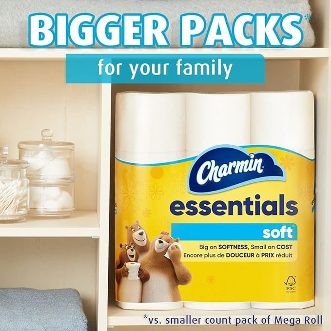 Charmin Essentials Soft Toilet Paper, 9 Mega Rolls = 36 Regular Rolls