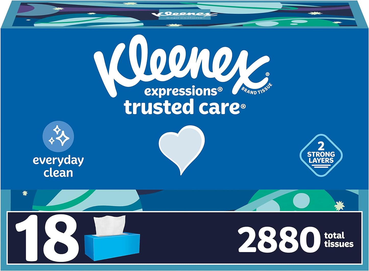 Kleenex Expressions Trusted Care Facial Tissues, 18 Flat Boxes, 160 Tissues per Box, 2-Ply (2,880 Total Tissues)