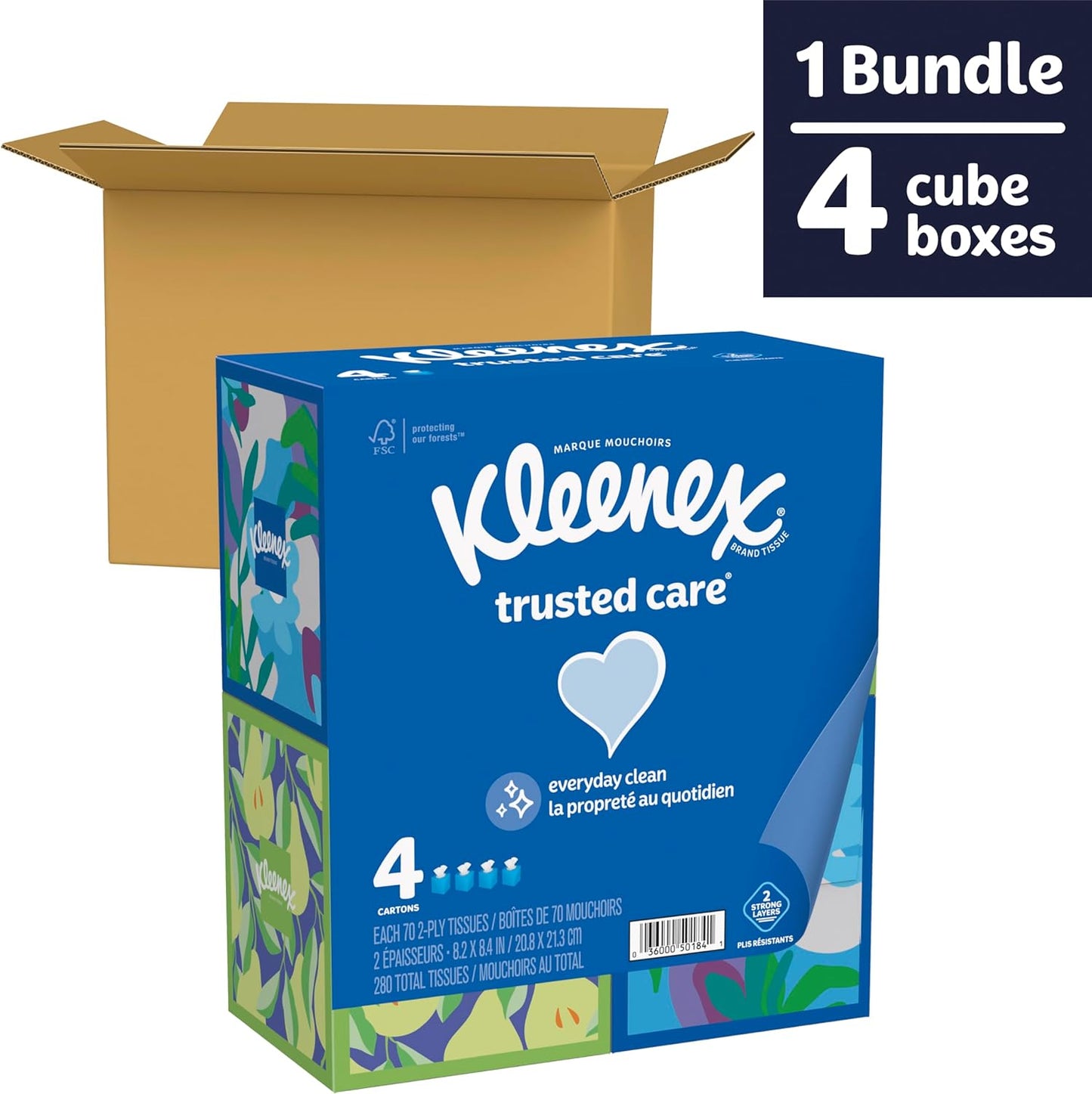 Kleenex Trusted Care Facial Tissues, 4 Cube Boxes, 70 Tissues per Box, 2-Ply (280 Total Tissues)