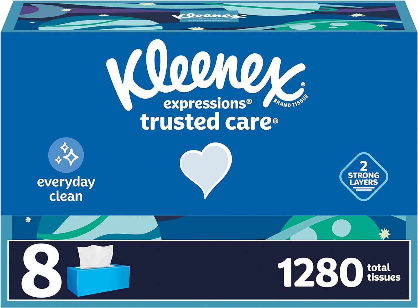 Kleenex Expressions Trusted Care Facial Tissues, 8 Flat Boxes, 160 Tissues per Box, 2-Ply (1,280 Total Tissues)