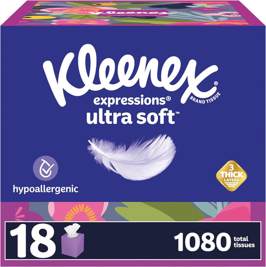 Kleenex Expressions Ultra Soft Facial Tissues, 18 Cube Boxes, 60 Tissues per Box, 3-Ply (1,080 Total Tissues)