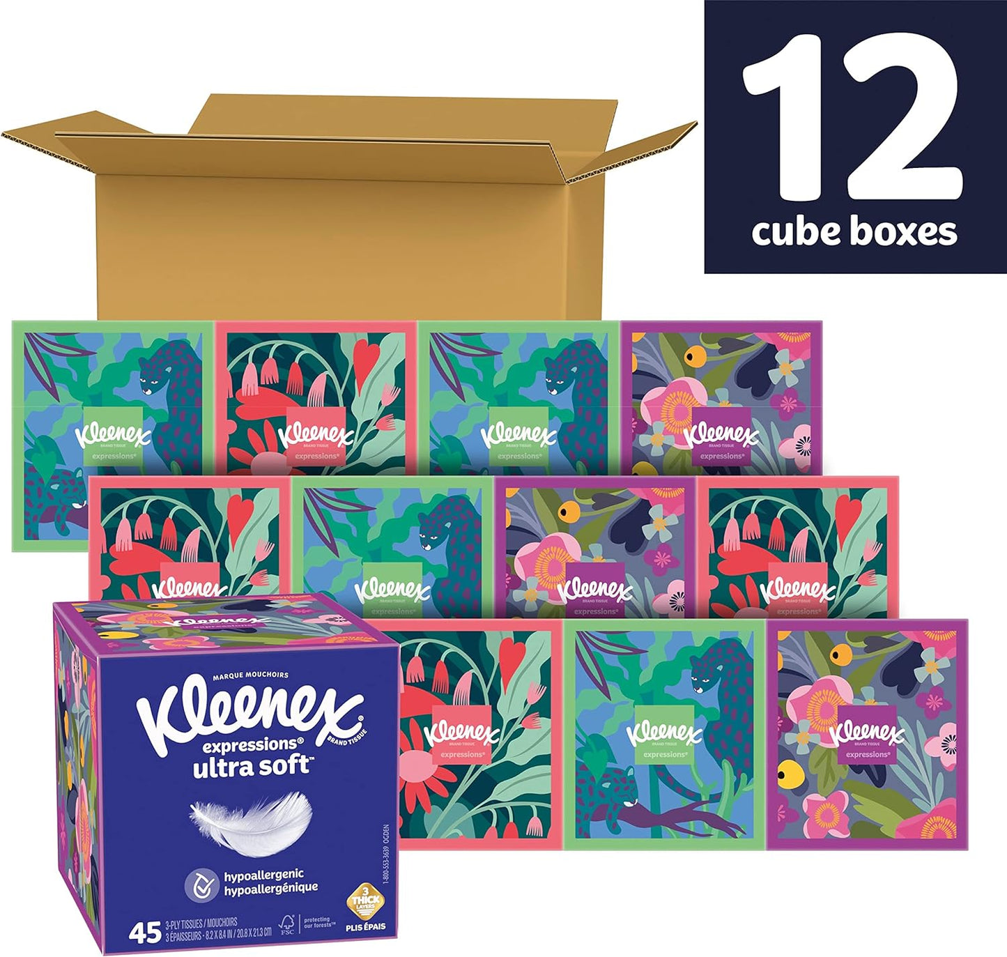 Kleenex Expressions Ultra Soft Facial Tissues, 12 Cube Boxes, 45 Tissues per Box, 3-Ply (540 Total Tissues)