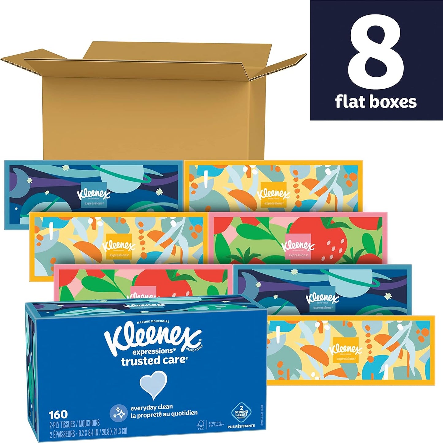 Kleenex Expressions Trusted Care Facial Tissues, 8 Flat Boxes, 160 Tissues per Box, 2-Ply (1,280 Total Tissues)