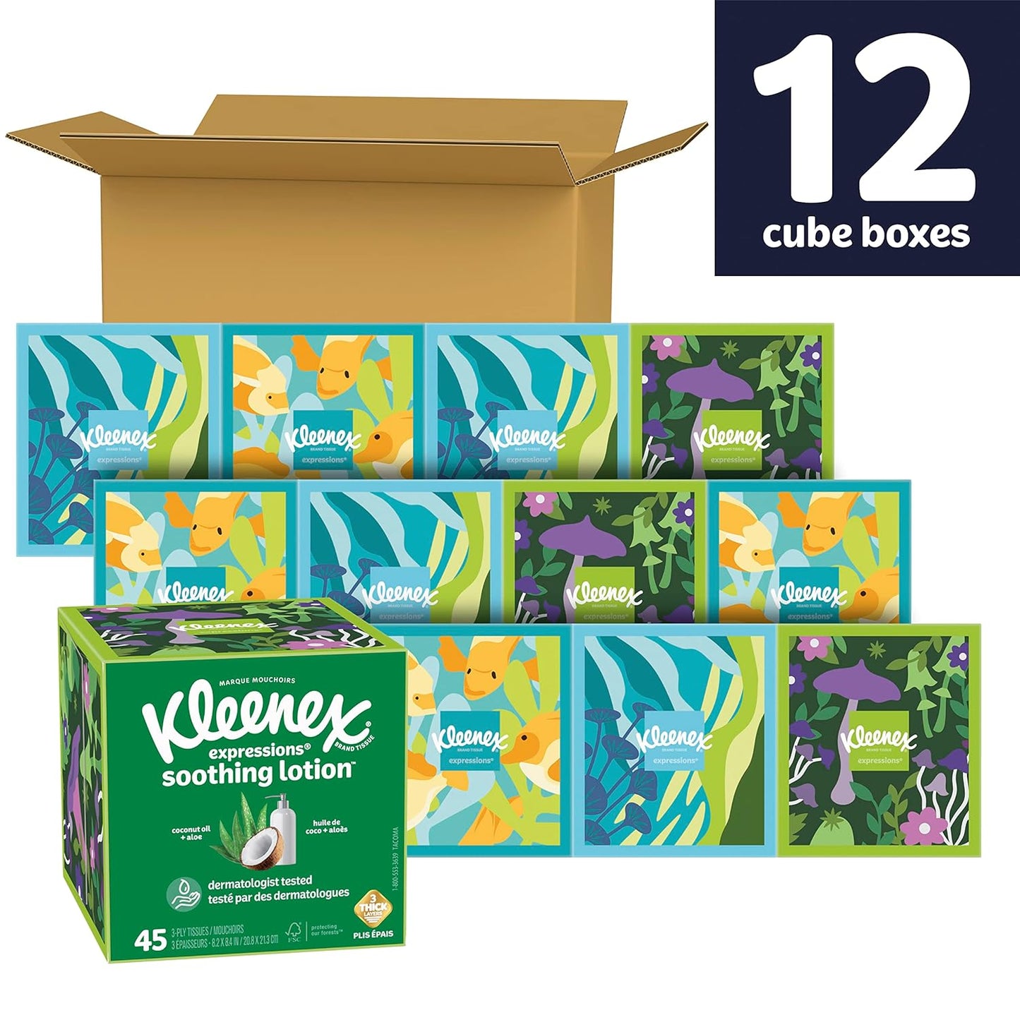 Kleenex Expressions Soothing Lotion Facial Tissues with Coconut Oil, 12 Cube Boxes, 45 Tissues per Box, 3-Ply