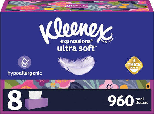 Kleenex Expressions Ultra Soft Facial Tissues, 120 Count (Pack of 8), 3-Ply