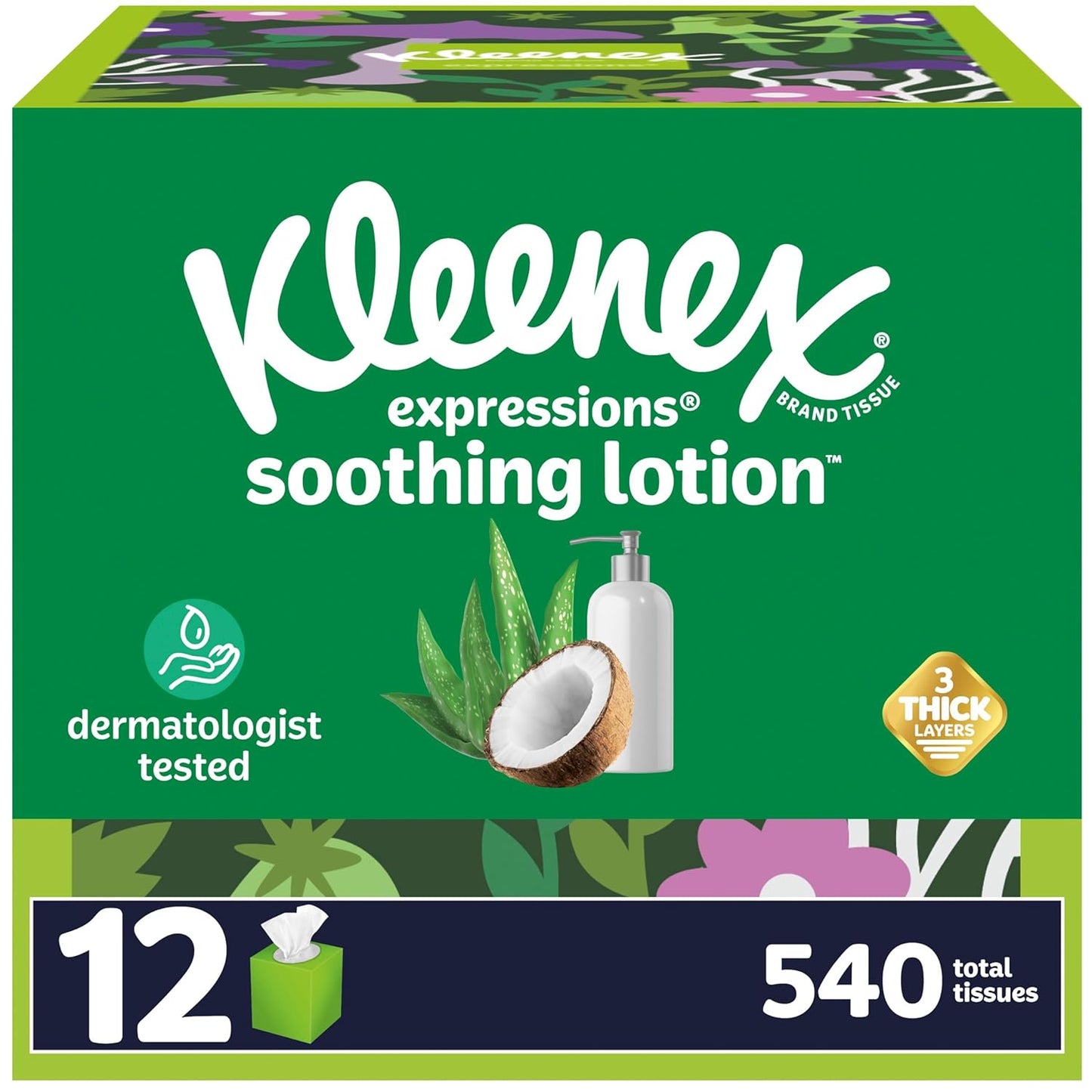 Kleenex Expressions Soothing Lotion Facial Tissues with Coconut Oil, 12 Cube Boxes, 45 Tissues per Box, 3-Ply