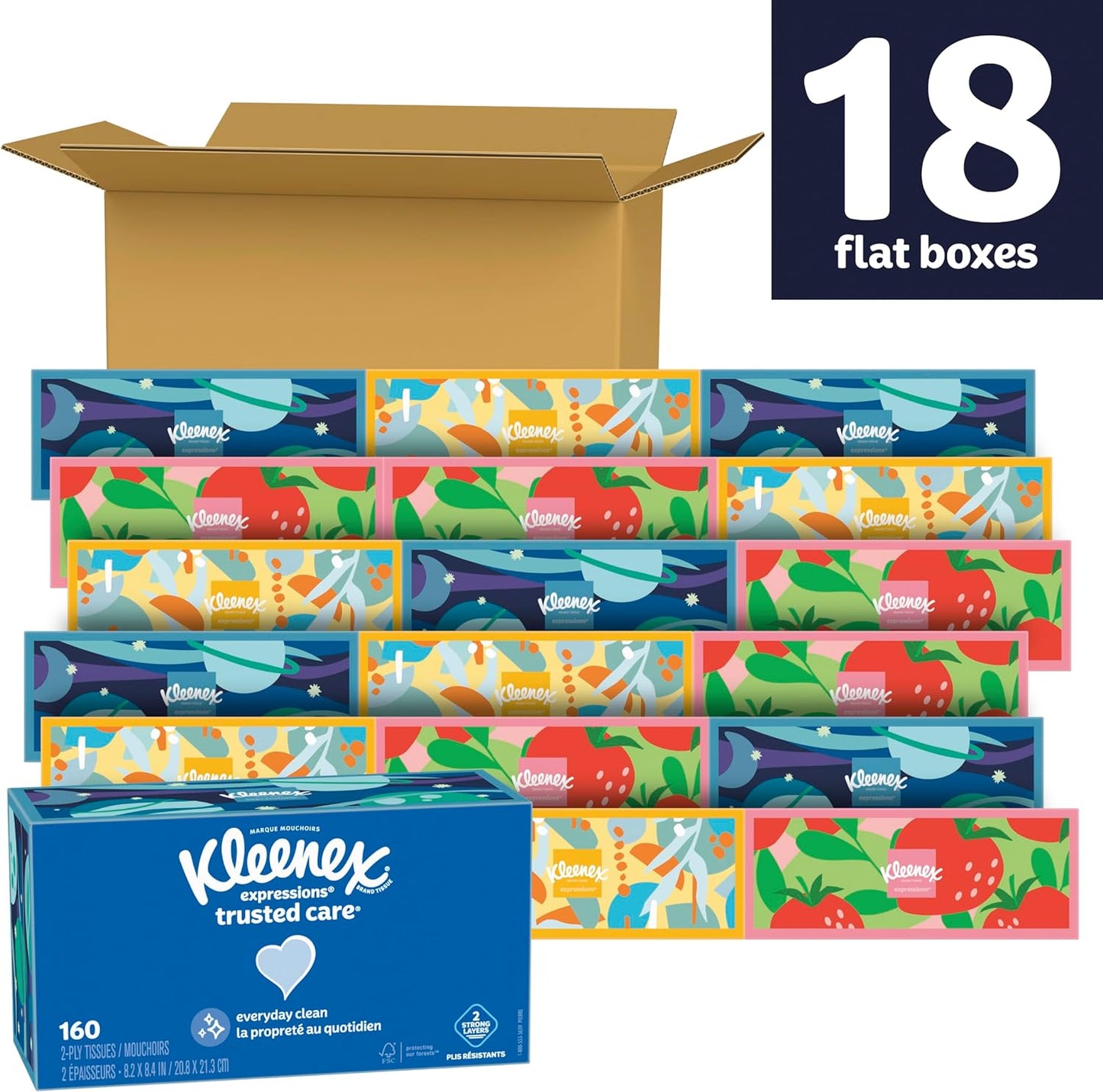 Kleenex Expressions Trusted Care Facial Tissues, 18 Flat Boxes, 160 Tissues per Box, 2-Ply (2,880 Total Tissues)