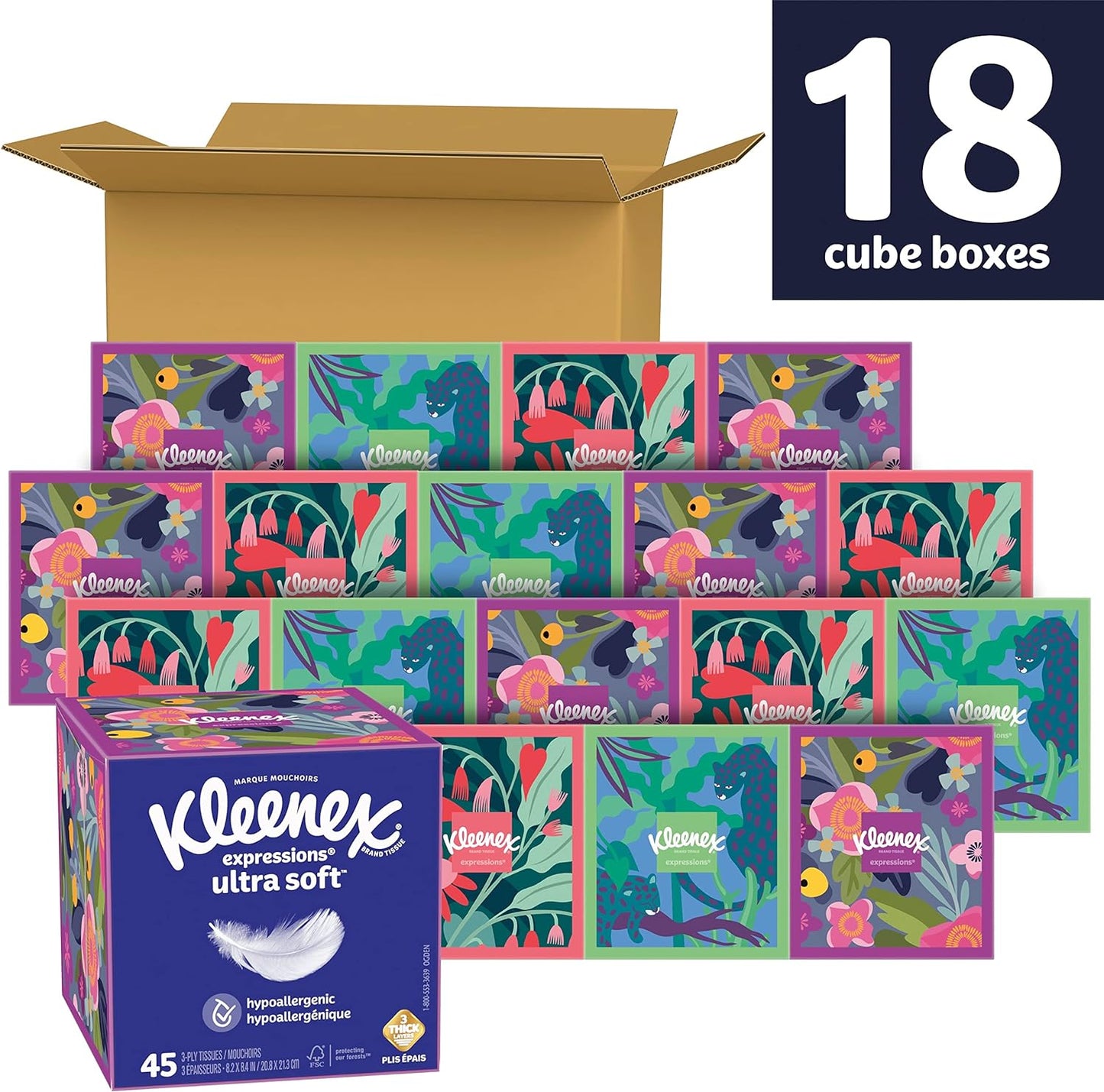 Kleenex Expressions Ultra Soft Facial Tissues, 18 Cube Boxes, 60 Tissues per Box, 3-Ply (1,080 Total Tissues)