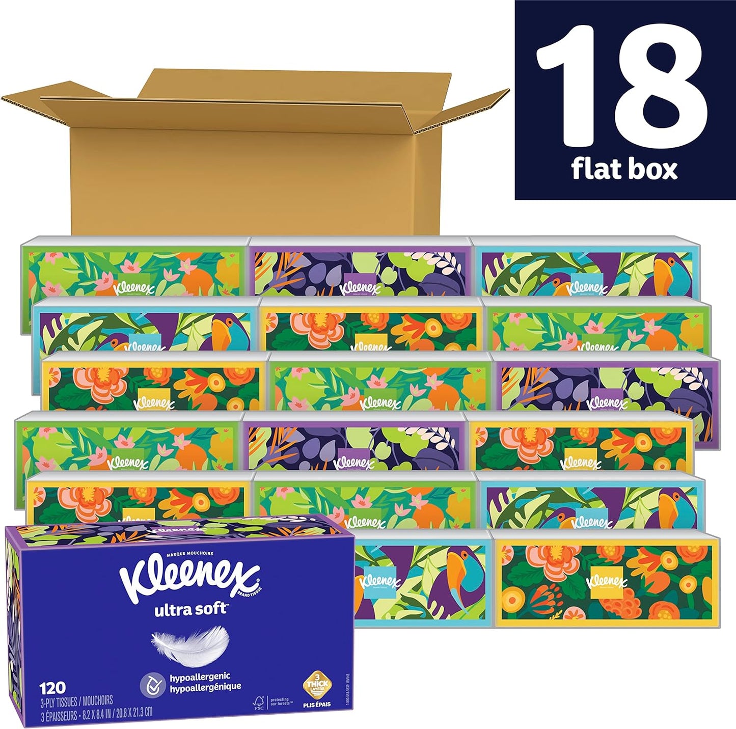 Kleenex Ultra Soft Facial Tissues, 18 Flat Boxes, 120 Tissues per Box, 3-Ply (2,160 Total Tissues)