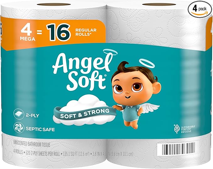 Angel Soft Toilet Paper, 4 Mega Rolls = 16 Regular Rolls, Soft and Strong Toilet Tissue