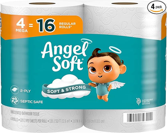 Angel Soft Toilet Paper, 4 Mega Rolls = 16 Regular Rolls, Soft and Strong Toilet Tissue